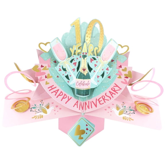 10 years Happy 10th Anniversary Love Kates Pop-Up Card with Champagne & Hearts POP216
