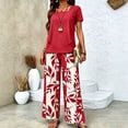 thumbnail image 2 of Guluxicc 2 Piece Women's Outfit Sets Crew Neck Short Sleeve Double Layer Hem Top Leaf Print Wide Leg Pants, 2 of 7