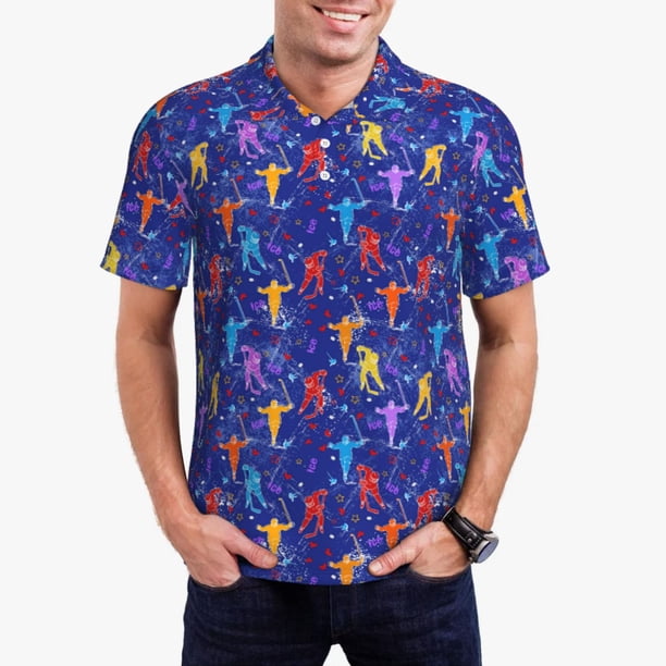 Fotbe Ice Hockey Players With Puck Camiseta Polo de Golf para Hombre con Estampado – Camisa Deportiva Transpirable con Cuello Abotonado-Large