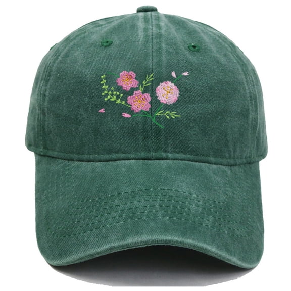 Vintage Washed Baseball Cap, Hand Embroidered Flower Design Trucker Style Hat, Adjustable Sun Hat for Women Men, Casual Outdoor Unisex Cap for Daily Wear - Blackish Green