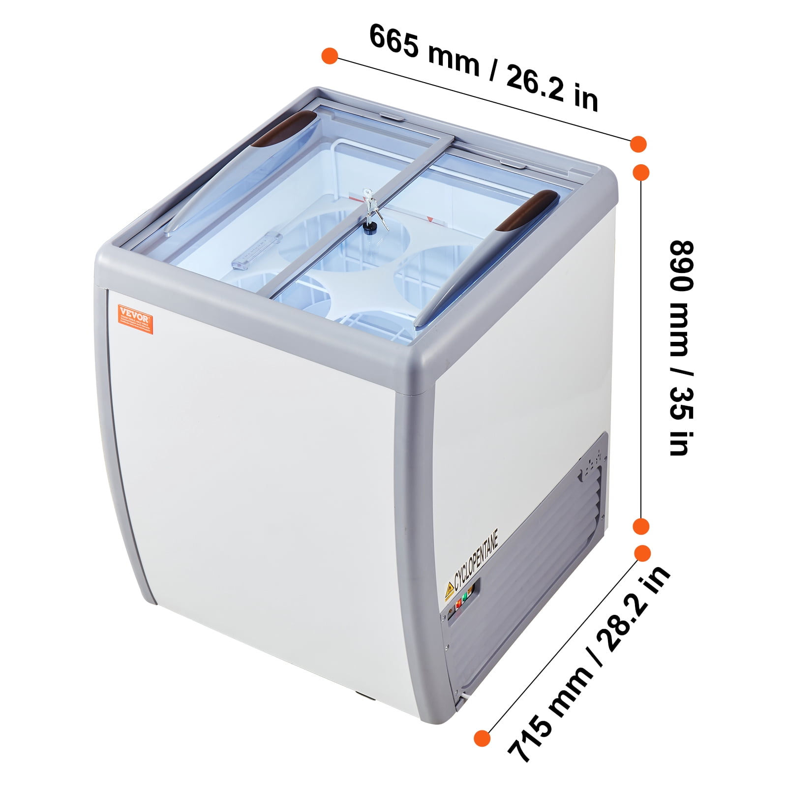 VEVOR Commercial Ice Cream Display Case, 5.6 Cu.ft Chest Freezer, Mobile Glass Top Deep Freezer, Restaurant Gelato Dipping Cabinet, 2 Sliding Glass Doors, Locking Casters, White