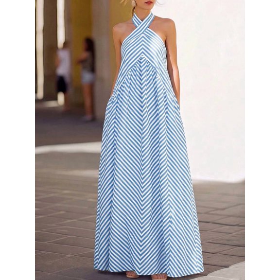 Blue And White Striped Halter Neck Maxi Dress For Women