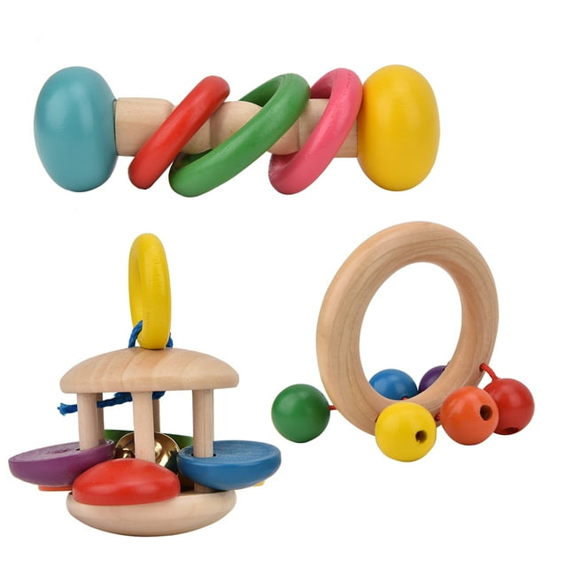 Baby Rattle Sets, Wooden 4Pcs Rattles Sound Toys, For Newborn 3 + Years