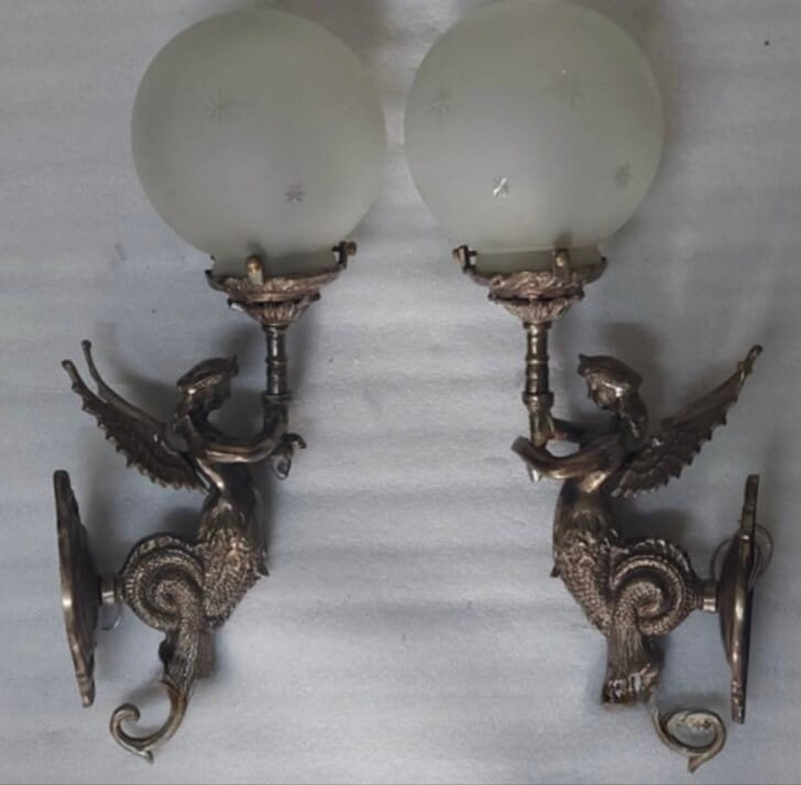Pair Of Antique Vintage Old Art Nouveau Brass Mermaid Wall Sconces Fixture Light Lamp