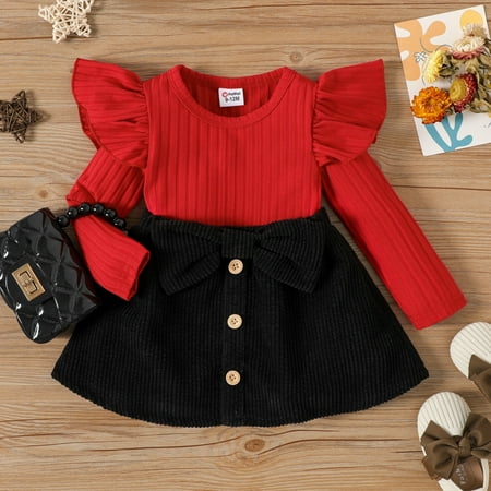 

PatPat Baby Girl Ribbed Knit Tops and A Line Skirt Fall Outfit Set 2pcs Long Sleeve Ruffle Sweater Shirt with Button Front Corduroy Skirt Bowknot Dress Set Infant Girls Casual Clothes 3-24Month