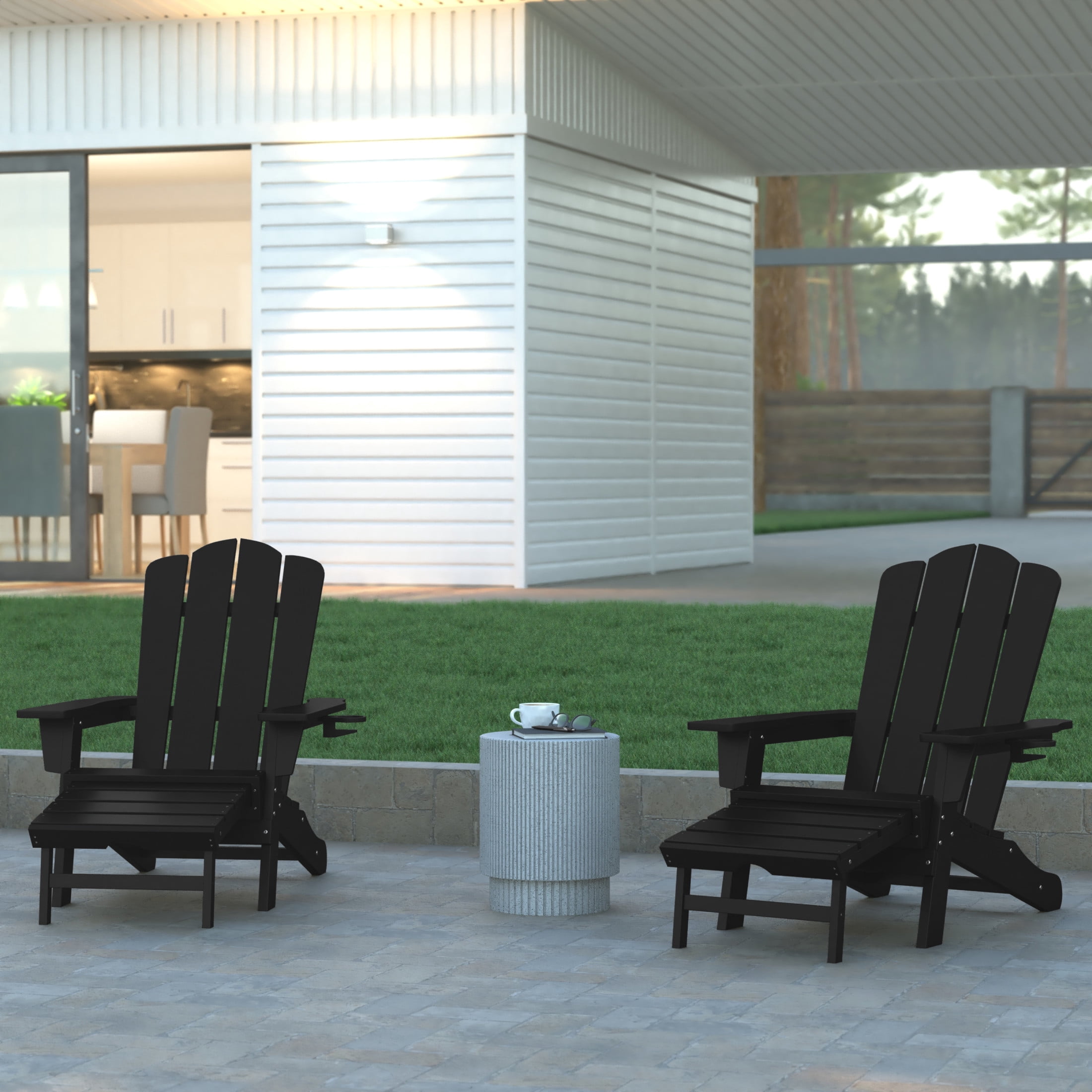 Emma + Oliver Adirondack Chair with Cup Holder and Pull Out Ottoman, All-Weather HDPE Indoor/Outdoor Lounge Chair in Black