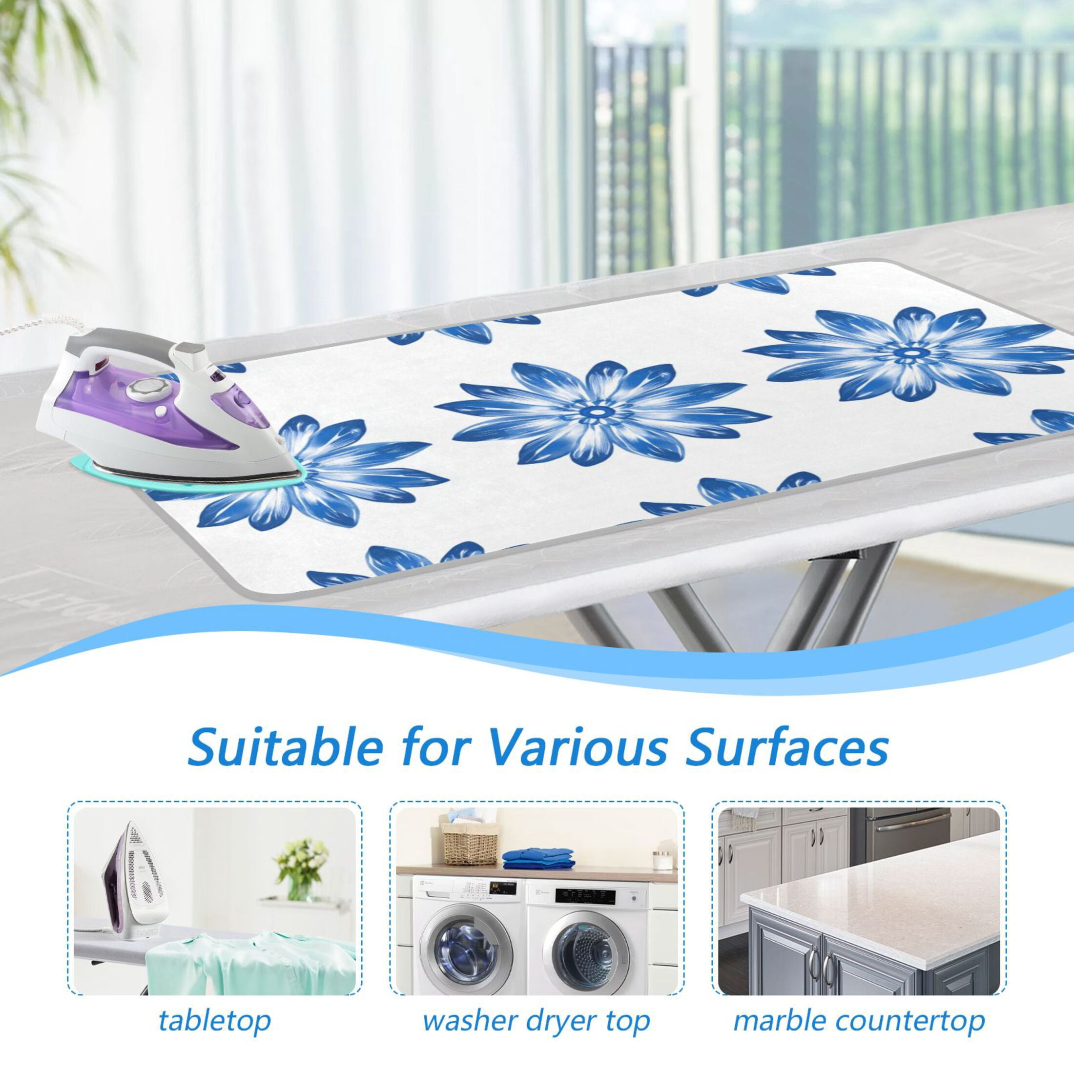 Symmetrical Blue Daisy Flowers Ironing Mat Blanket Portable Travel Ironing Pad Heat Resistant Pad 47.2" x 27.6”