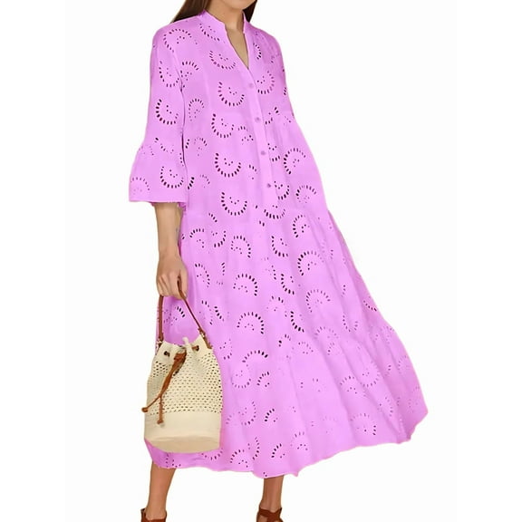 Women'S 2025 Lace Eyelet Embroidery Maxi Dress V-Neck Trumpet Sleeve Boho Flowy Swing Dress Pink M