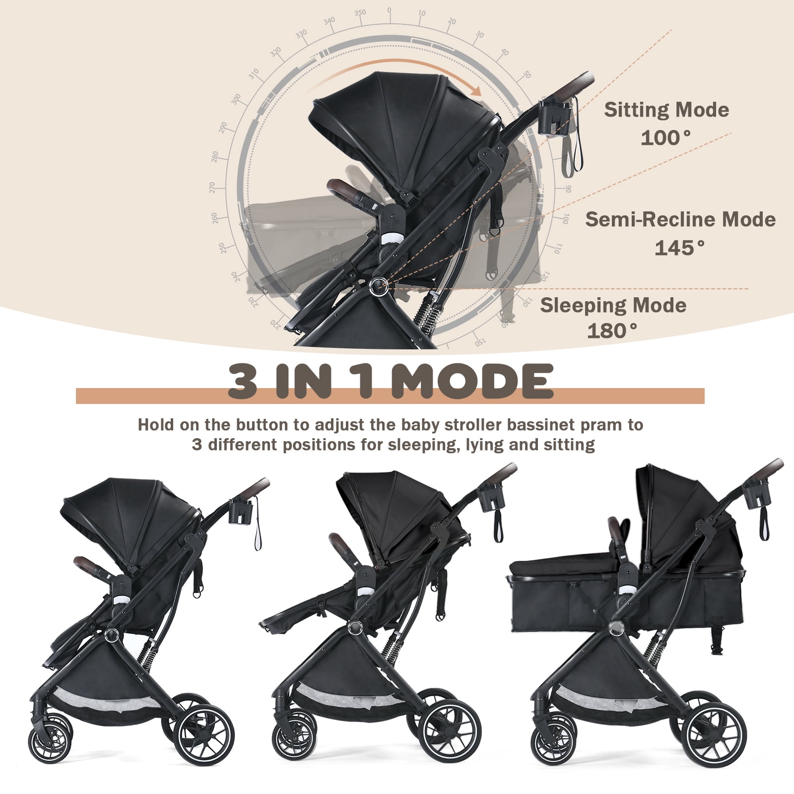 AILEEKISS Baby Stroller, 3 in 1 Stroller for Newborn, Folding Infant Pushchair, 22LB, Black