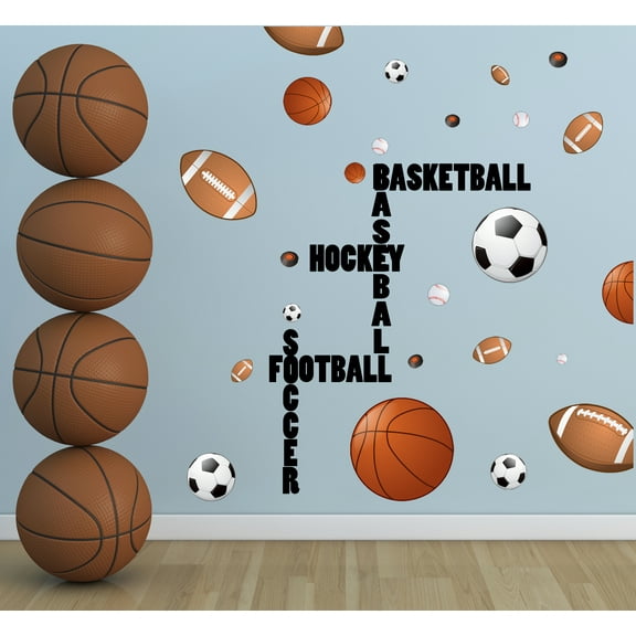 Sports Wall Decals Wall Stickers Soccer Baseball Football Hockey Basketball (28) Decals1"-14"