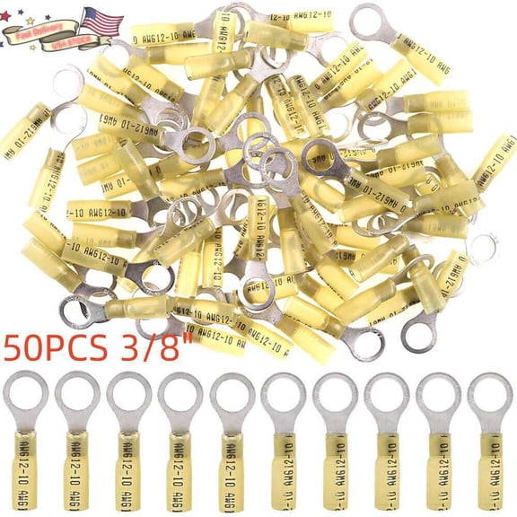 50PCS Wire Crimp Connectors Waterproof Heat Shrink Ring Terminals 12-10AWG 3/8"