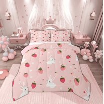 Manfei Kawaii Cute Rabbit Full Size Comforter Sets for Teen, Cartoon Strawberry Bedding Comforter Set, Princess Style Reversible Bedding Sets, Lightweight Room Decor, 3-Piece