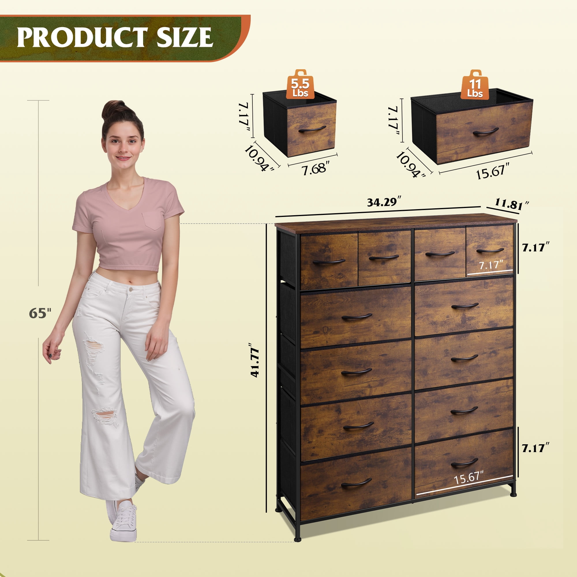 GALAXHERO 12-Drawer Tall Fabric Dresser with Steel Frame, Large Storage Chest of Drawers for Bedroom, Closet, Rustic Brown Wood Grain Print
