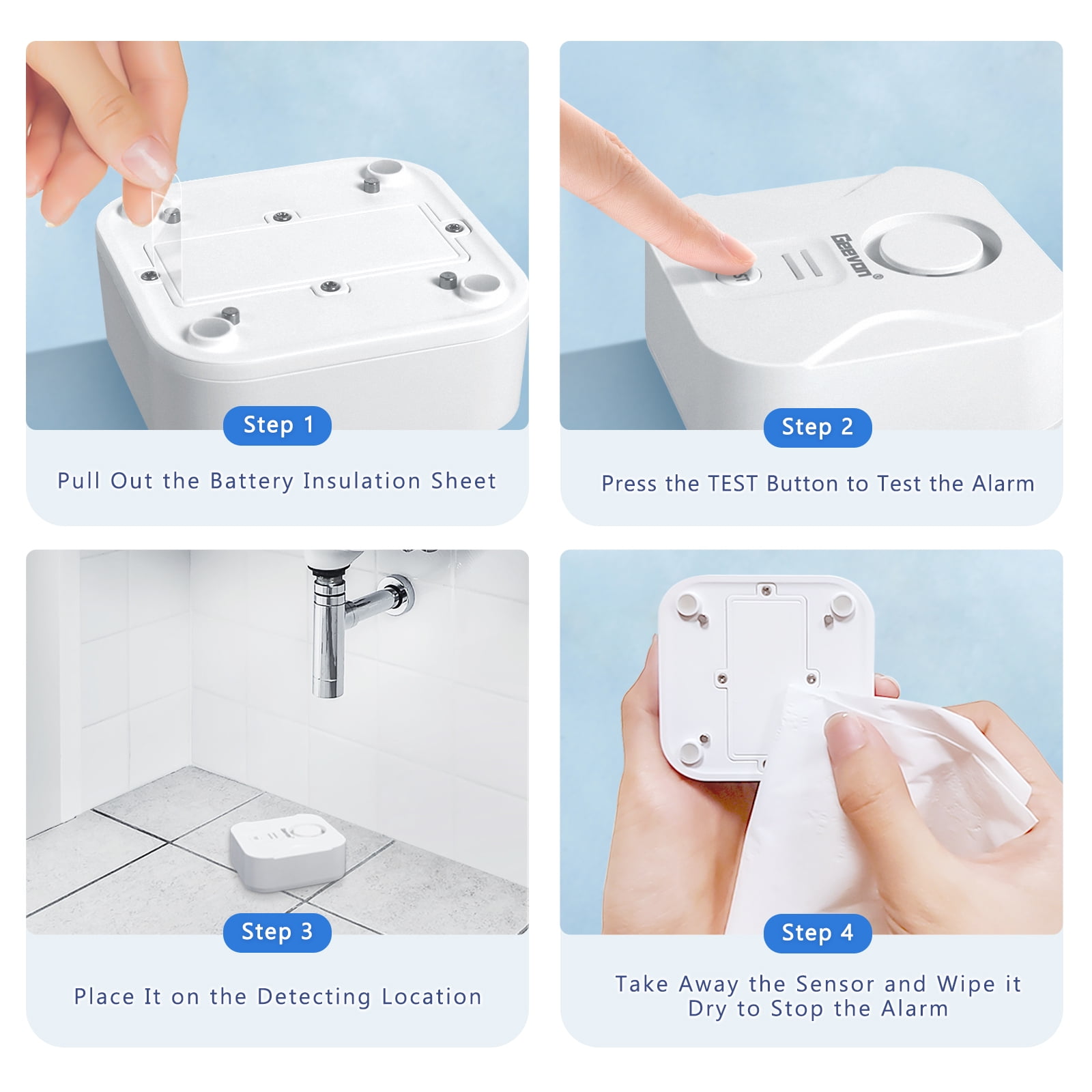 Geevon 2-Pack Water Leak Detectors - 100dB Loud Alarm Sensors For Basement, Kitchen & Laundry Rooms