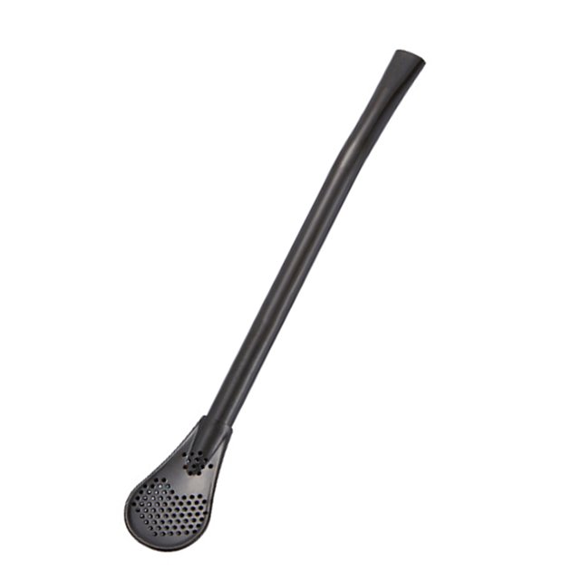 Cuchara y popote de acero inoxidable 304, diseño innovador para mate y café, versión corta en color negro, práctica y ecológica.