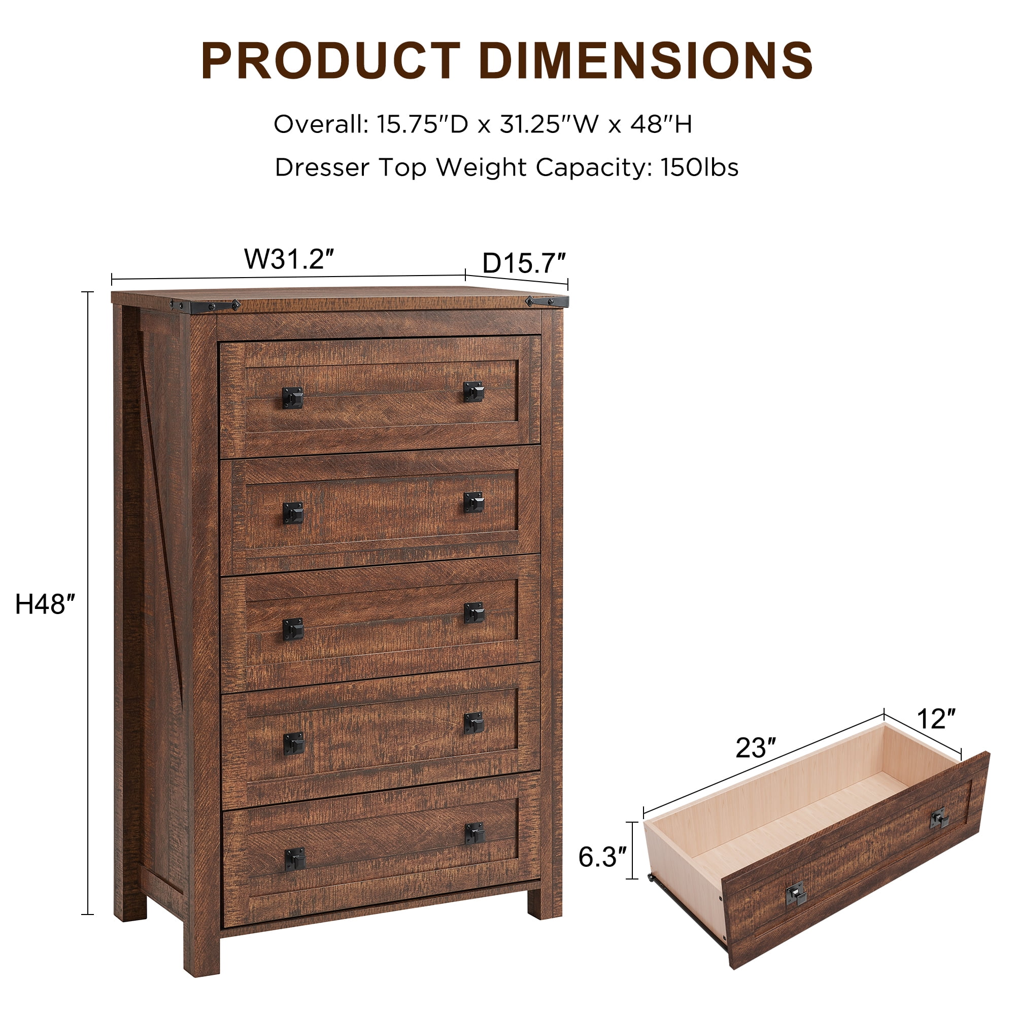 Keywhat Farmhouse 5 Drawer Dresser for Bedroom, Chest of Drawers Wood Organizer for Living Room, Reclaimed Barnwood