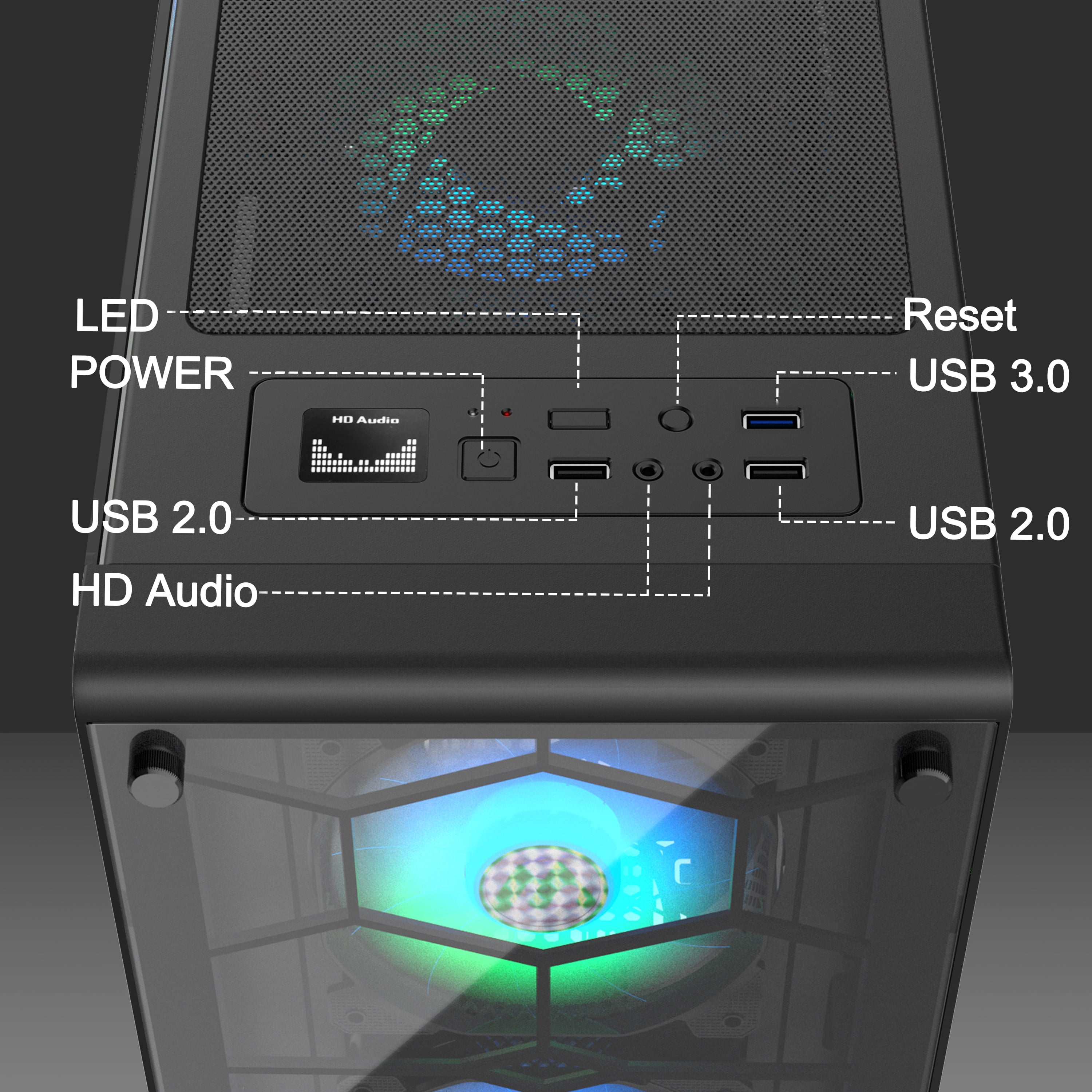 MUSETEX Phantom Black ATX Mid-Tower Case with USB 3.0 and 6pcs 120mm ARGB Fans, Tempered Glass Panels Gaming PC Case Computer Chassis (G05MN6-HB)