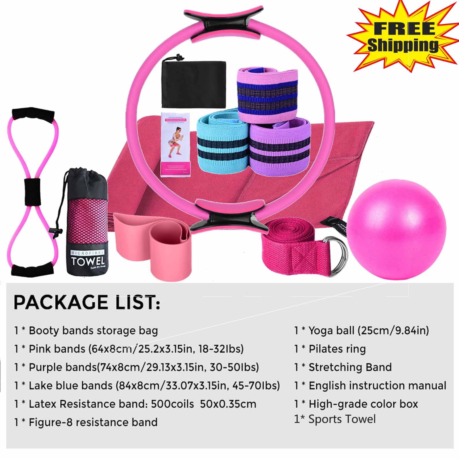 Pilates Kit for Home Workouts, Pilates Essentials Kit for Women,  Equipment Pilates Magic Ring/Booty Bands for Working Out Glutes Yoga Ball 25cm Figure 8 Resistance Band Yoga Bands for Stretching