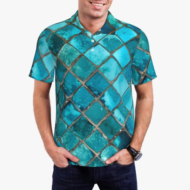 Balery Square Glass Mosaic Camisa Polo de Hombre con Estampado, de Manga Corta y Tejido Medio, Camisa Tipo Golf Polo-X-Large
