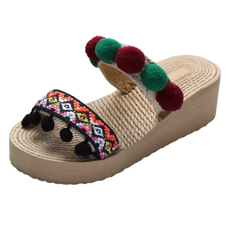 

Slipper for Women Women s Summer Non Slip Hairball Slip On Wedges Beach Open Toe Breathable Sandals Shoes Slippers Cotton Fabric