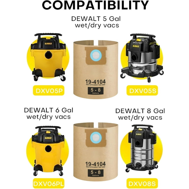 DXVA19-4104 Dust Bags for DeWalt 5-8 Gallon Wet/Dry Vacs, 9-Pk