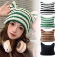 thumbnail image 2 of Knit Beanie with Cat Ear Design, Japanese Style, Striped Pattern for Autumn Winter, 2 of 9