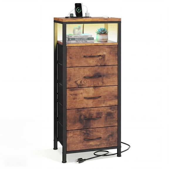 CONCETTA 5 Fabric Drawers Nightstand with Charging Station, USB/Type-C Ports, Adjustable Feet, Bedroom, Rust Brown