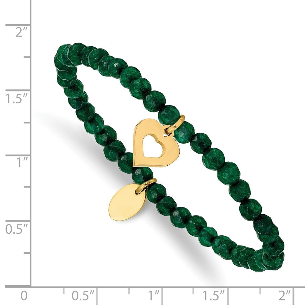 Auriga Fine Jewelry Stainless Steel Yellow IP-plated Heart 4mm Green Jade Beaded Stretch Bracelet for Women