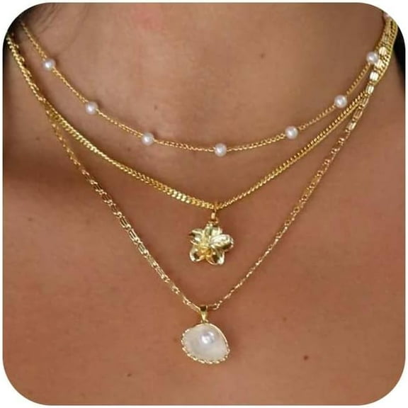 Charm Necklaces for Women,14k Gold Plated Waterproof Dainty Choker Necklace Summer Seashell Pearl Beach Cute Necklaces Set Fashion Jewelry Gift