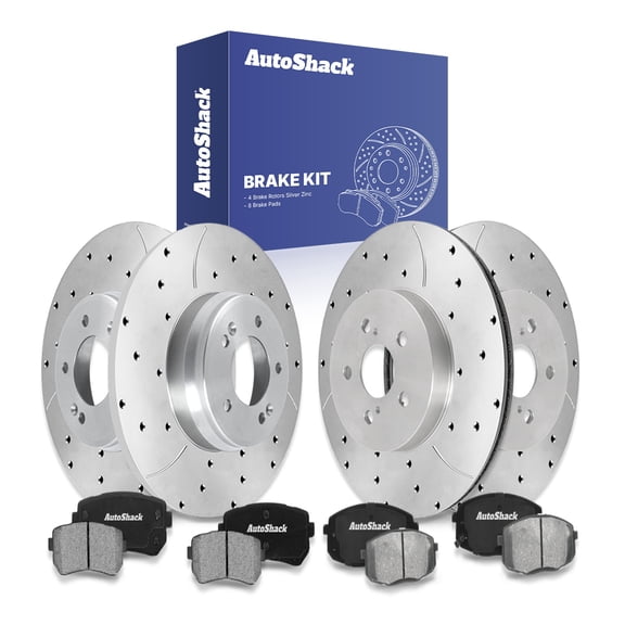 AutoShack Front & Rear Brake Rotors & Ceramic Pads for Hyundai & Kia, Kona 2018-2023 Seltos 2021-2022, FWD L4 1.6L 2.0L - Silver Zinc Coated Drilled & Slotted - SilverShield Pro