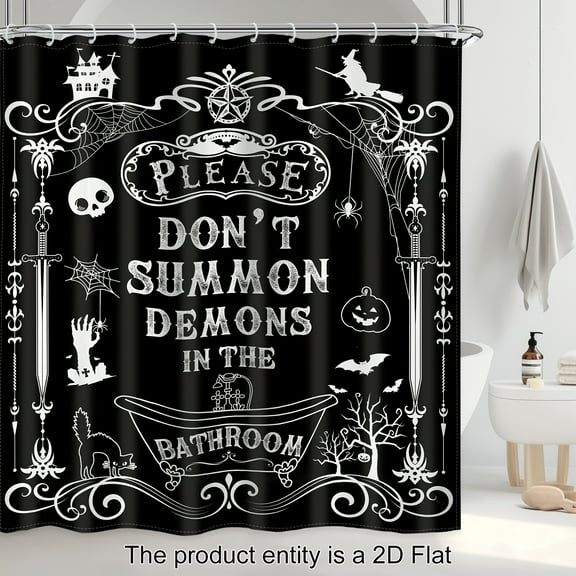 Black Skeleton Polyester Shower Curtain, Halloween Gothic Rules Spooky Pumpkin Bat Cat Horror Polyester Shower Curtain with 12 Hooks,72x72 inch