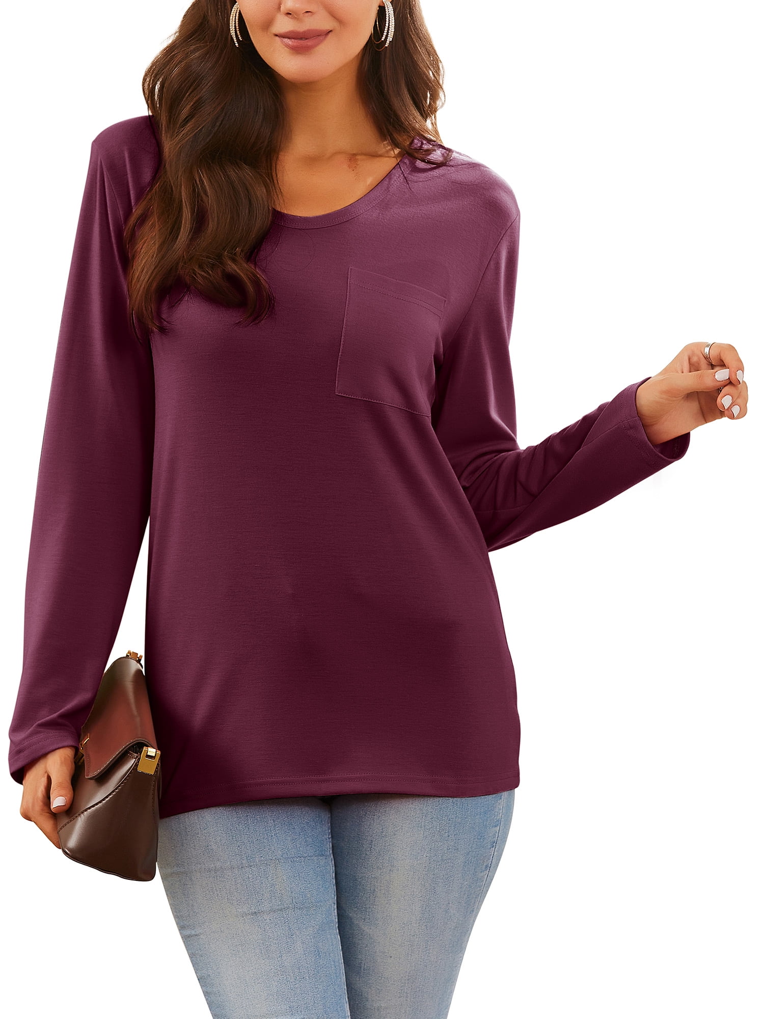 Colisha Women Long Sleeve Round Neck Casual T Shirts Blouses Solid Color Sweatshirts  Tunic Tops with Pocket - Walmart.com