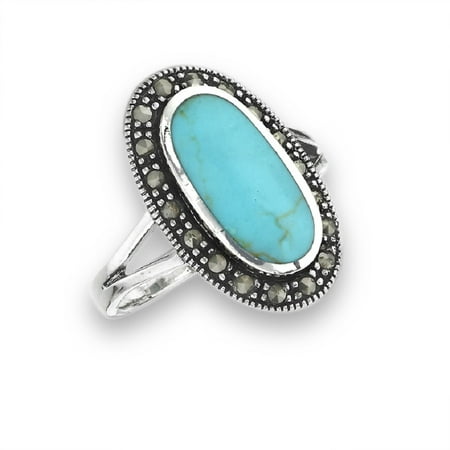 Sterling Silver Marcasite Filigree Ring - New .925 Sterling Silver Turquoise Blue Marcasite Fashion Ring - Sizes 7-9