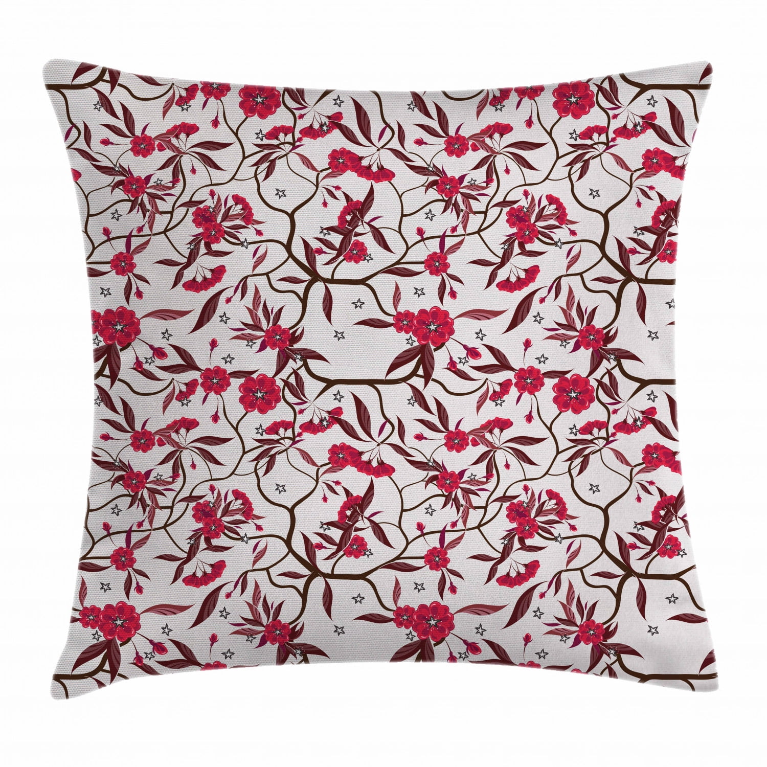 Red and Brown Throw Pillow Cushion Cover, Floral Blooming Branches with ...