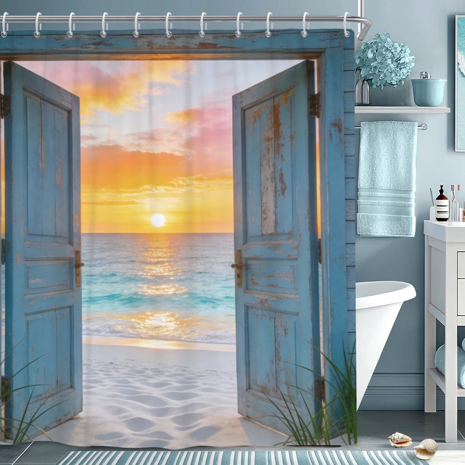 Beach Coastal Shower Curtain,Teal Ocean Sunrise Seascape Nautical Shower Curtain,Rustic Barn Door Seashore Fabric Shower Curtain for Bathroom,60"x72"
