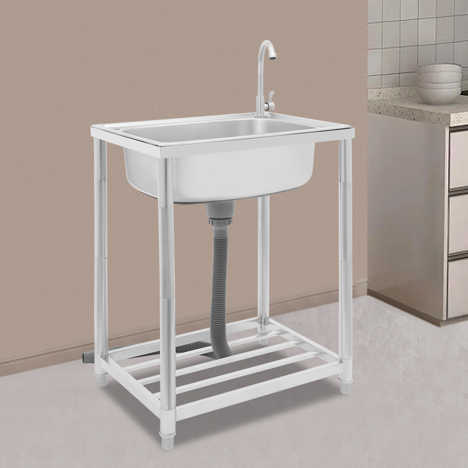 Kitchen Sink, Stainless Steel Sink, Free Standing Single Bowl Sink for Homes, Outdoors, Restaurants, Laundry Rooms, Basements, Bars, Kitchens, Dessert Shops, Coffee Shops, Hotels