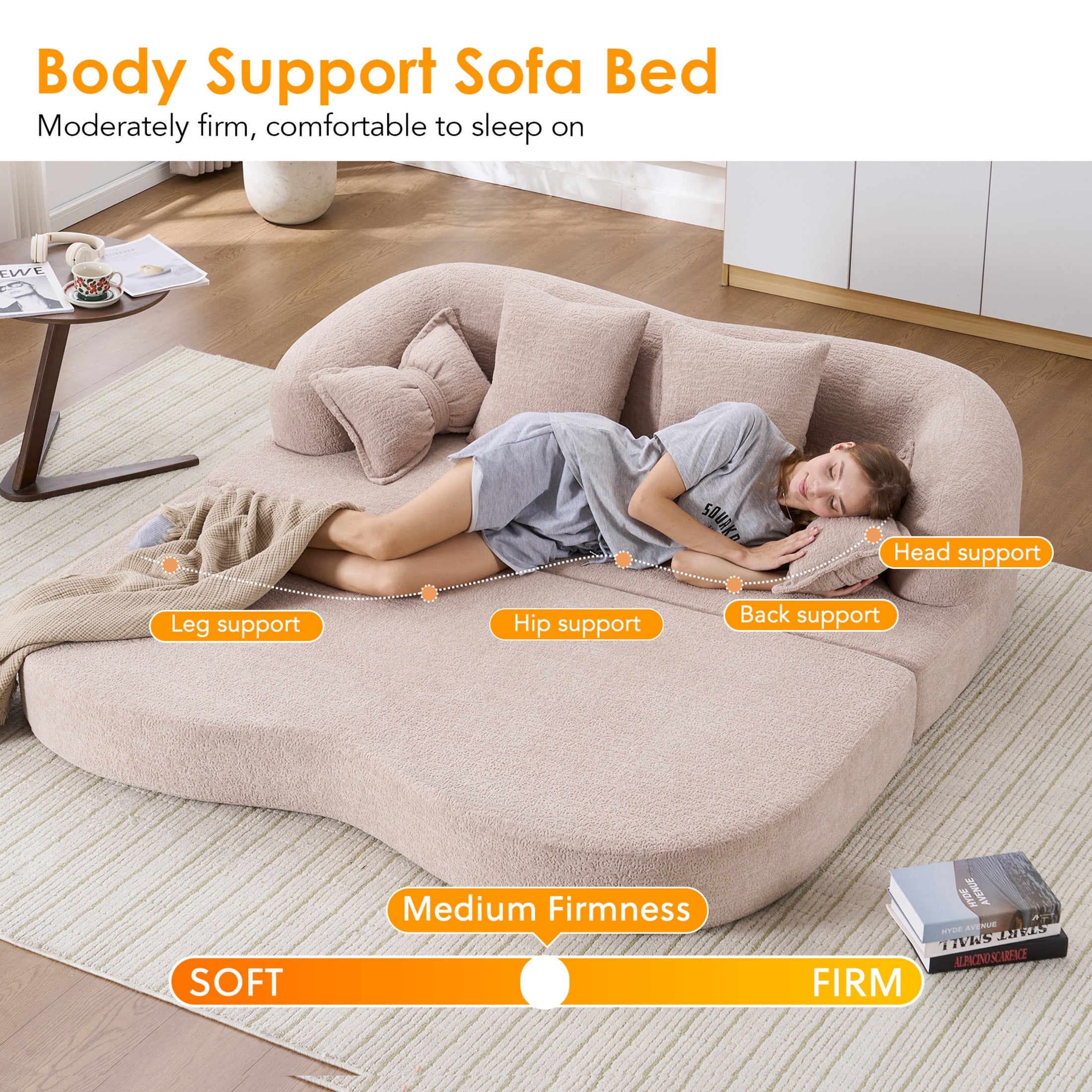 Noble House Erika 70" 2-in-1 Foldable Sofa Bed with Pillows, Boneless Chenille Convertible Sleeper Couch, Apricot