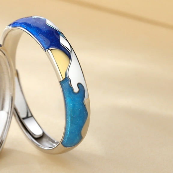 Sterling Silver Sea Moon Ring Adjustable Opening Enamel White Gold Color Finish Elegant Jewelry Sea Theme Ring