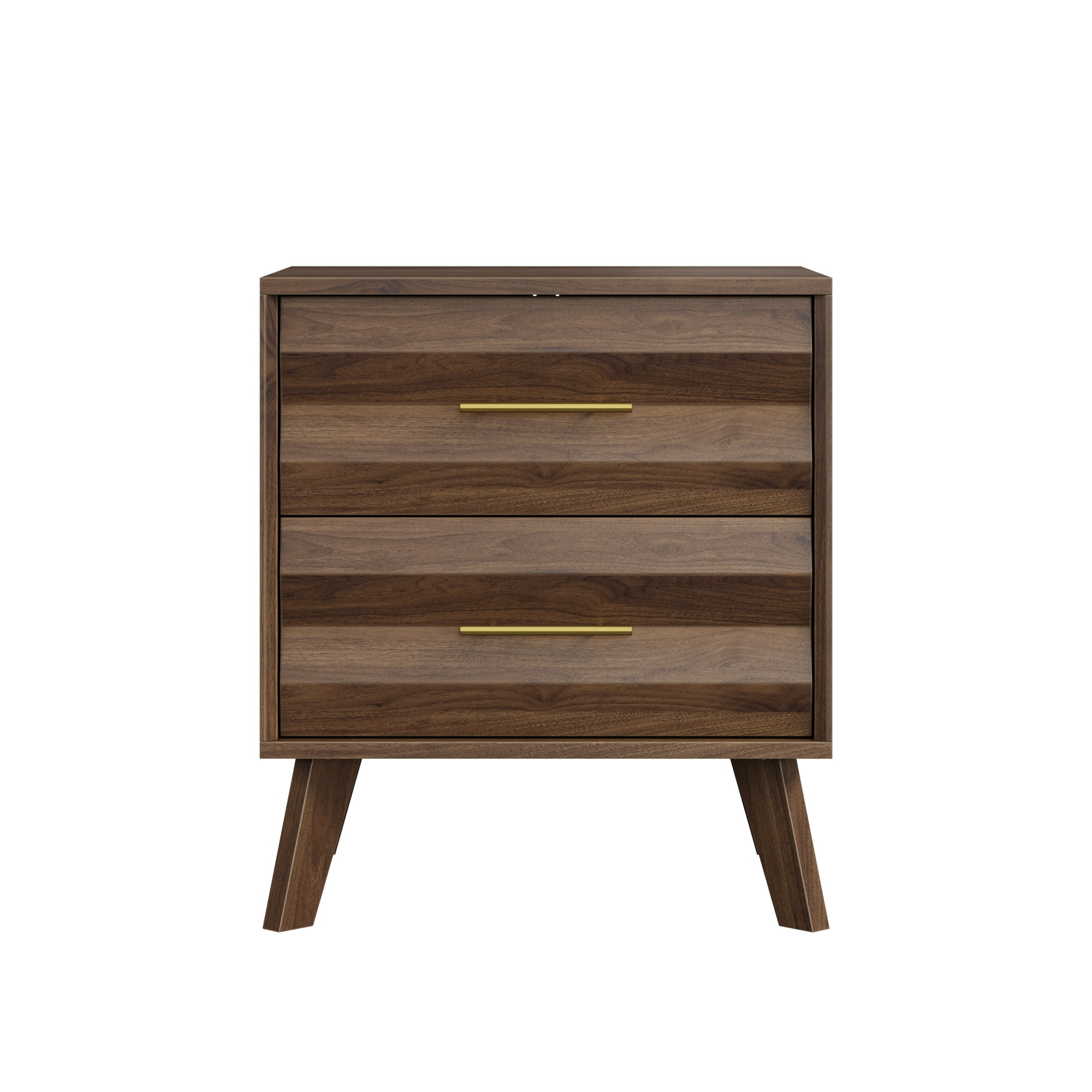 Walnut Bedside Table with Double Drawers and Metal Handles, Modern Nightstand and Side Storage Cabinet for Bedroom, Medieval-Style Design, Walnut