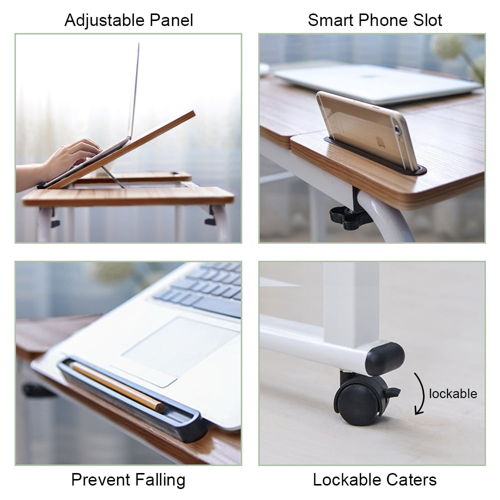 Overbed Table With Wheels And Magazine Rack, Height Overbed Desk Over