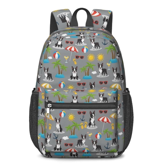 Boston Terrier and Sun Gray Pattern 17" Waterproof Oxford School Backpacks for Teens, S-Shape Padded Straps, for School, Travel, Hiking, Camping