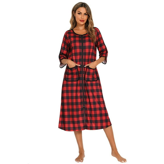 Women Buffalo Plaid Zipper Up Nightgown with Pockets,Round Neck Half Sleeve Full Length Soft Sleepdress Sleep Shirt Cotton Comfy Christmas Pajamas Dress Loungwear,S-2XL Red