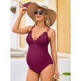 thumbnail image 6 of Sociala Maternity Swimsuit One Piece Tie Back Bathing Suit Scallop Trim V Neck Pregnancy Swimwear, 6 of 7