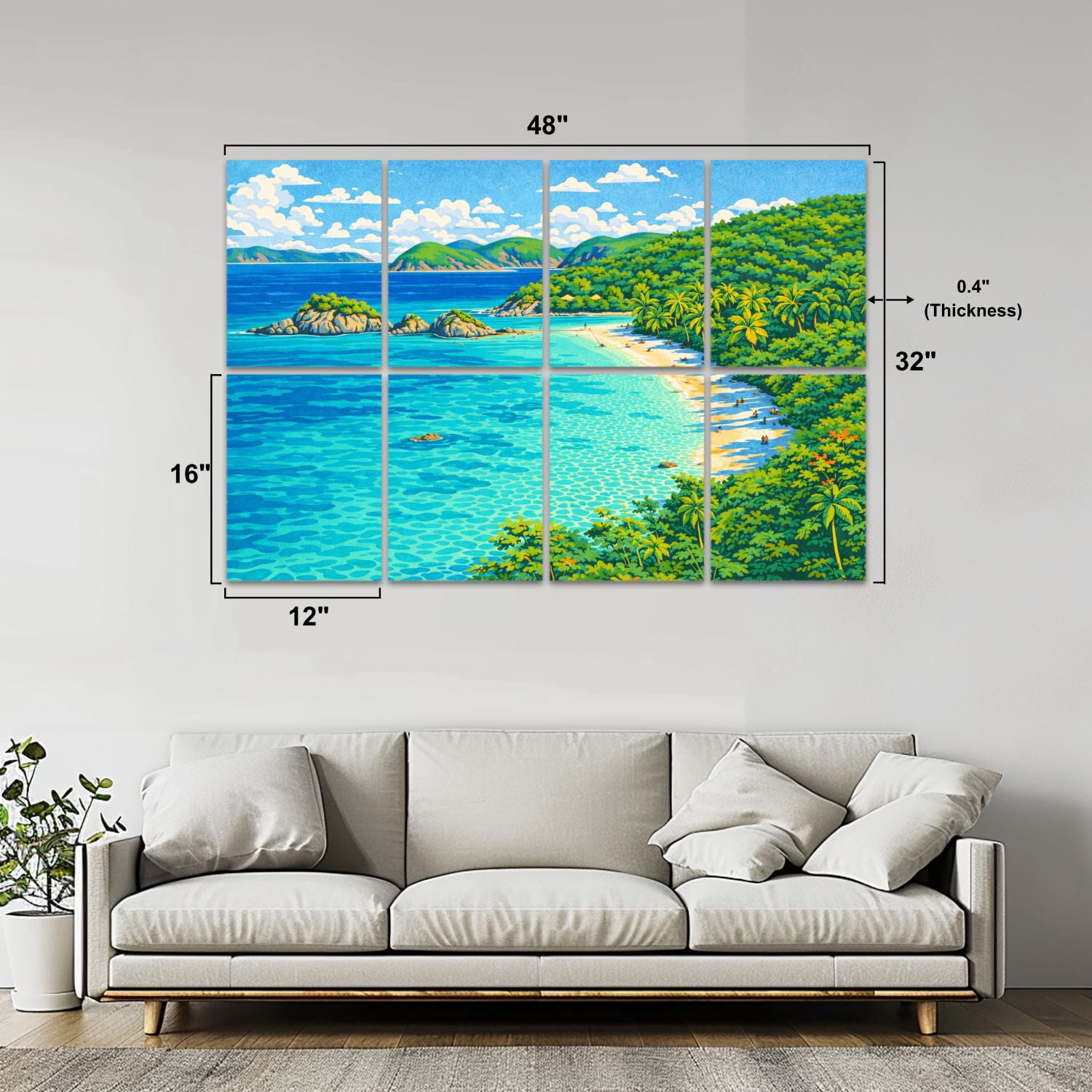 8 Pack Art Acoustic Panels Sound Absorbing panoramic beach Trunk Bay Decorative Soundproof Wall Panels Self Adhesive for Nursery Game Room Bedroom 48"x32"
