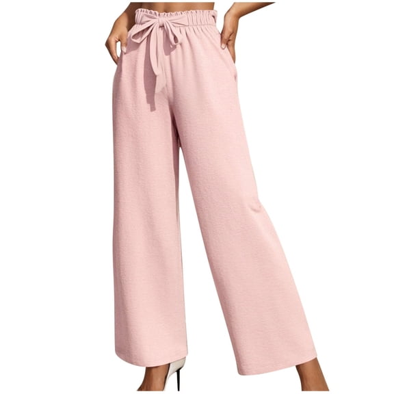 CFMDUC Women's Wide Leg Lounge Pants Smocked Elastic High Waist Casual Pants Lightweight Tie Knot Loose Flowy Trousers with Pockets Pink XXL