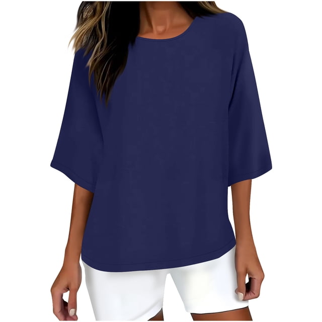 Liquidation d'Été Staron Tops pour Femmes T-Shirts en Lin Tendance d'Été à Col Rond Grande Taille Manches 3/4 Tunique Décontractée pour le Travail