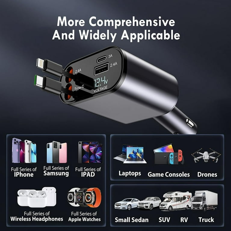 Retractable Car Charger,100W 4 in 1 Super Fast Charge Car Phone Charger, Retractable Cables (31.5 inch) and 2 USB Ports Car Charger Adapter for  iPhone 15/14/13/12 Pro Max XR,iPad,Samsung,Pixel 