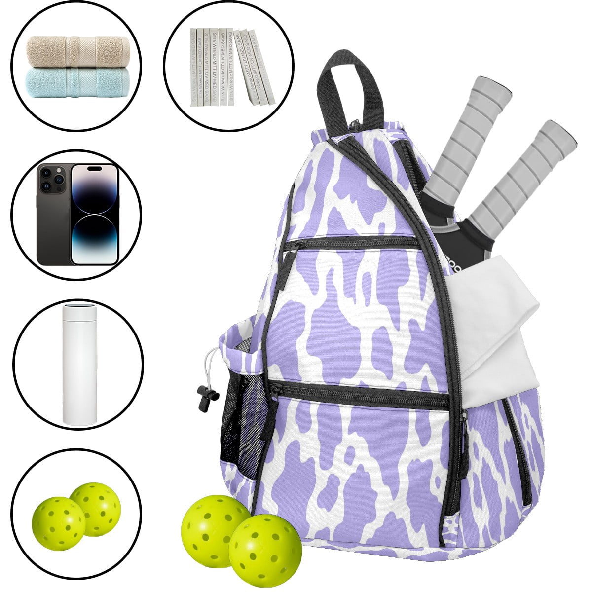 Pickleball Bags for Men Women Pickleball Backpack with Large Capacity Lightweight Adjustable Pickleball Sling Bag Hold Paddles, Balls, Accessories Purple Cow Print Camouflage
