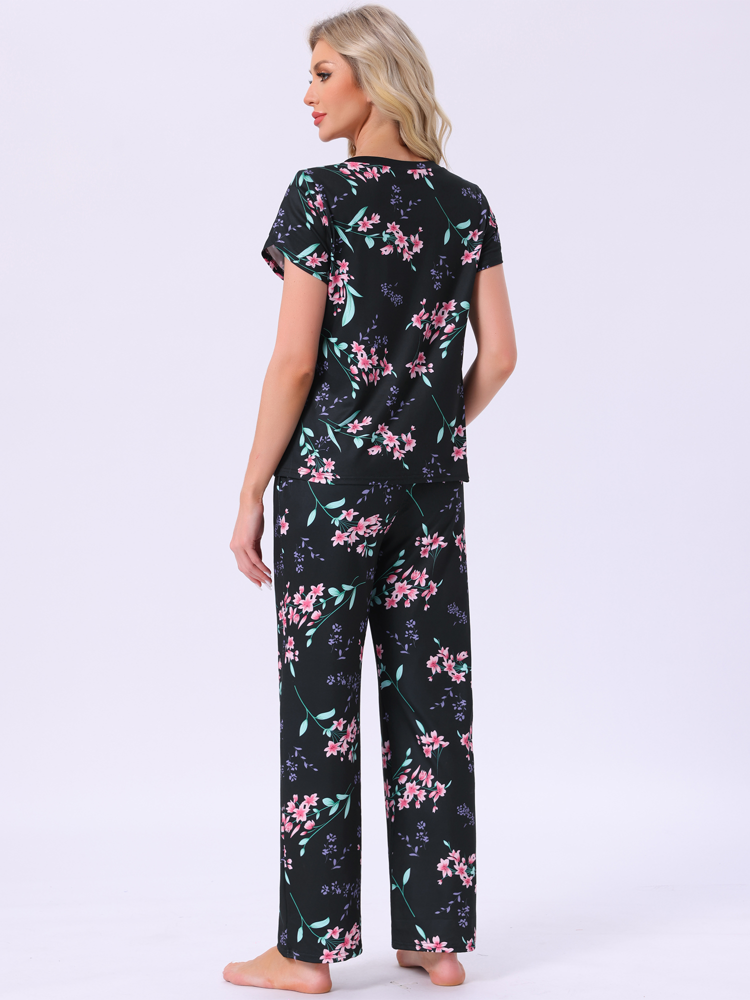 DARING DIVA Pajamas V Neck Top Drawstring Pants Sleepwear Lounge Sets XL Black Floral