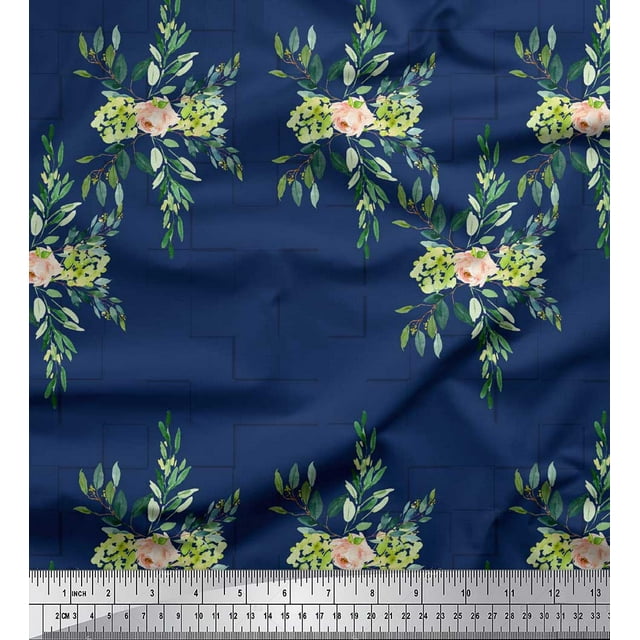 Soimoi Blue Heavy Canvas Fabric Square & Leaves Decor Fabric Printed BTY 58 Inch Wide